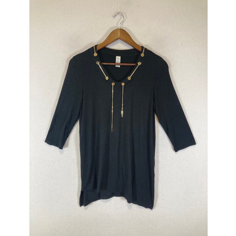 Edgy Chic Thomas & Olivia Women PS Black Chain Neck 3/4 Sleeve‎ High-Low Tunic